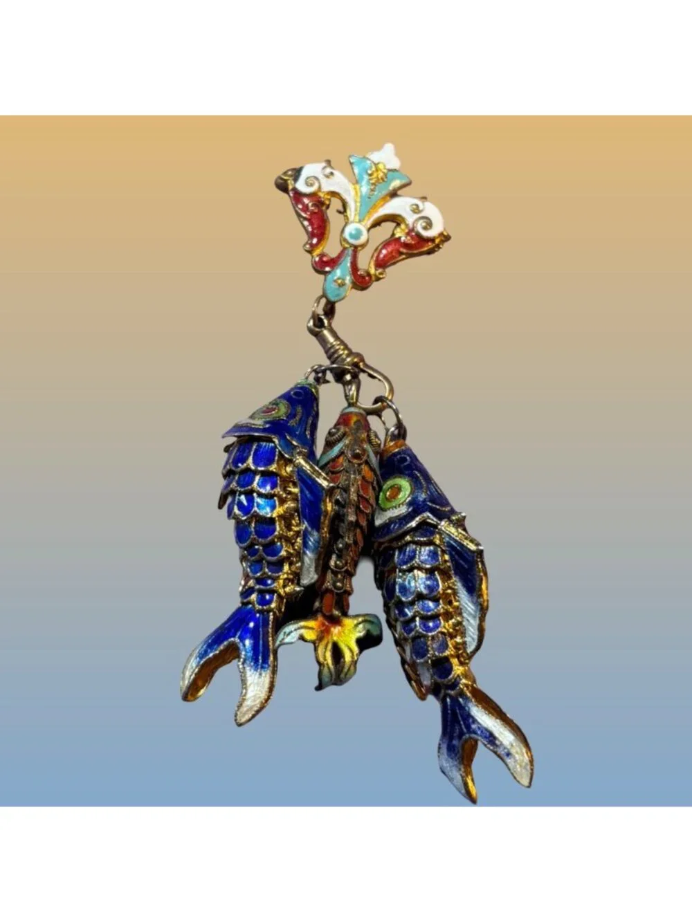 Cloisonné Enamel Three Fish Dangling from Fleur-de-lis brooch Brooch Statement